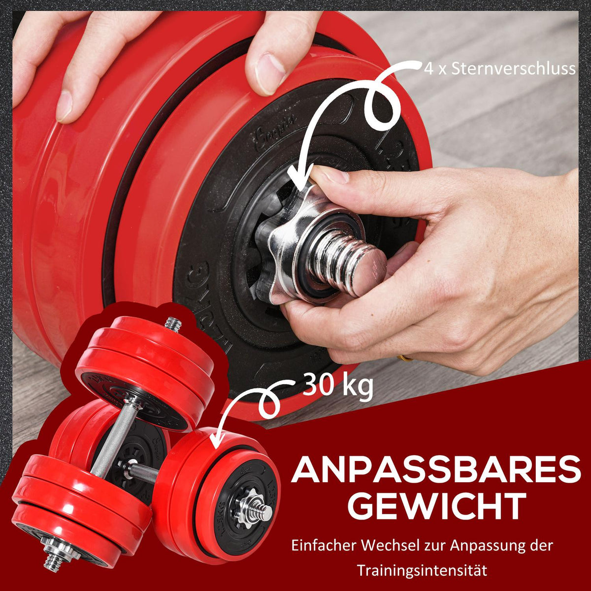 2-IN-1 dumbbell set 20/30kg adjustable steel PP plastic red + black