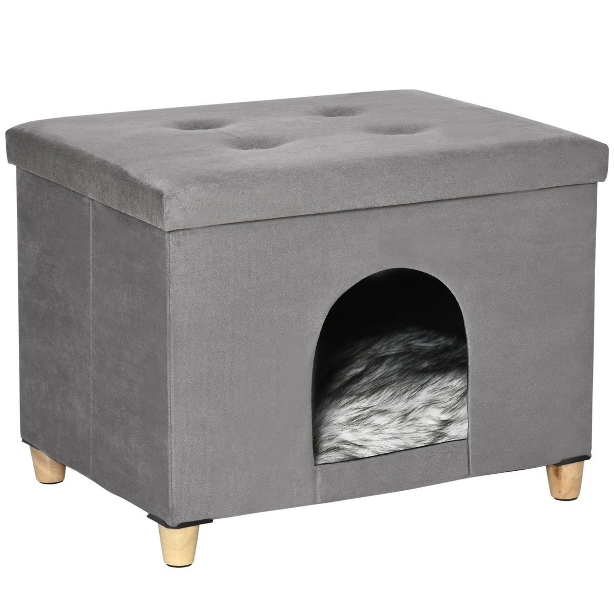 2-In-1 Cat Cave Footstool With Cushion Wooden Legs Cat House Cat Basket Soft Padded Ottoman Elegant Design Removable Mdf Plush Grey