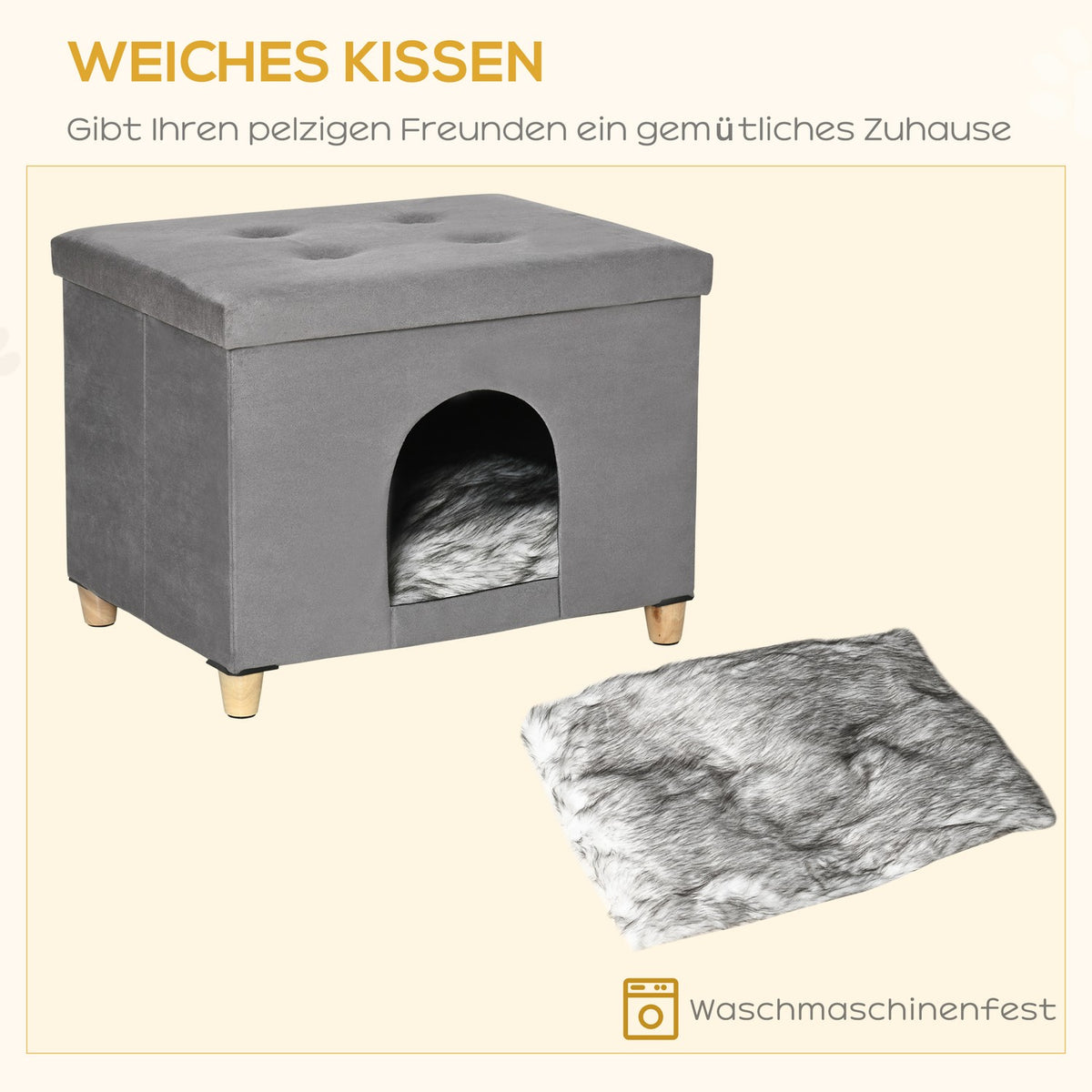 2-In-1 Cat Cave Footstool With Cushion Wooden Legs Cat House Cat Basket Soft Padded Ottoman Elegant Design Removable Mdf Plush Grey