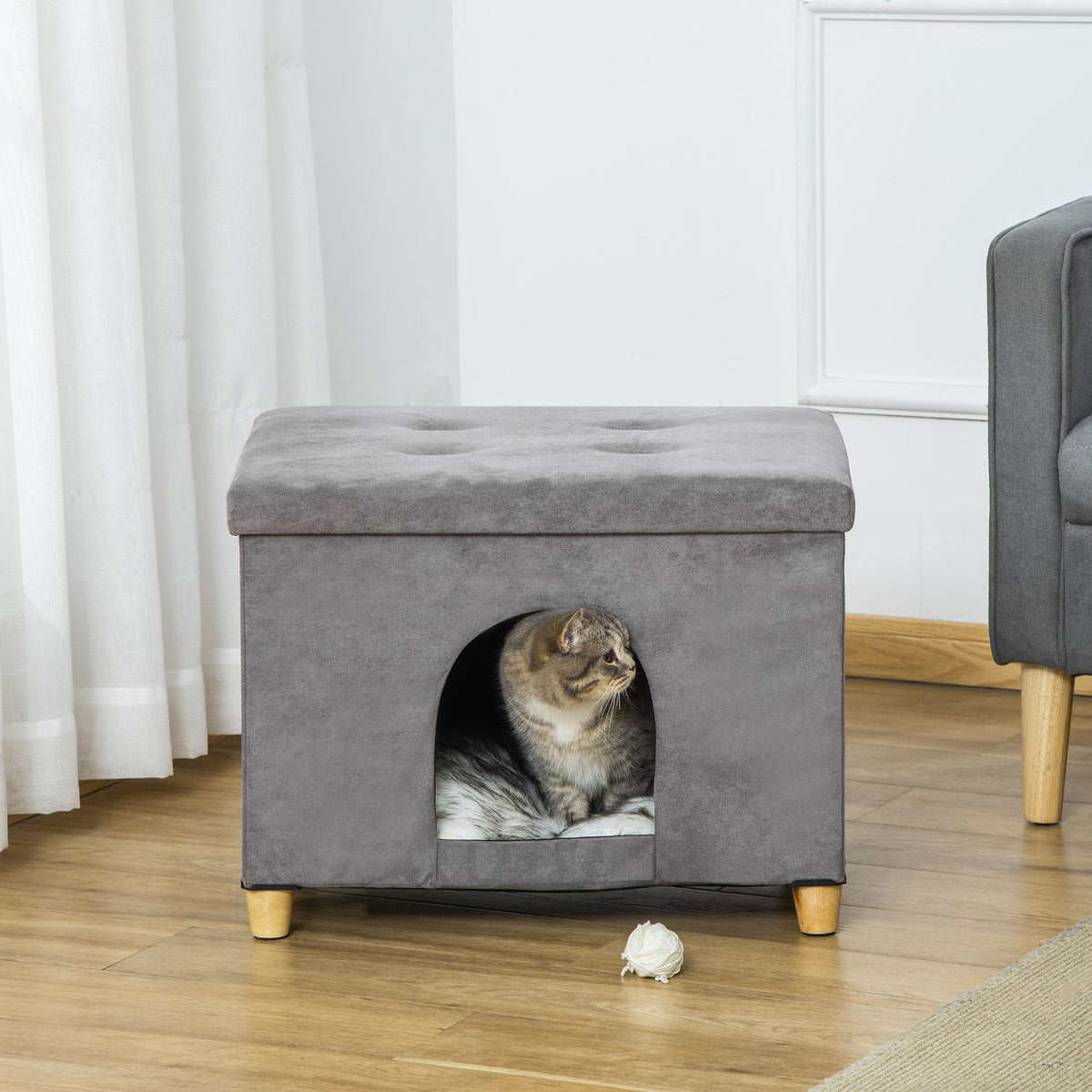 2-In-1 Cat Cave Footstool With Cushion Wooden Legs Cat House Cat Basket Soft Padded Ottoman Elegant Design Removable Mdf Plush Grey