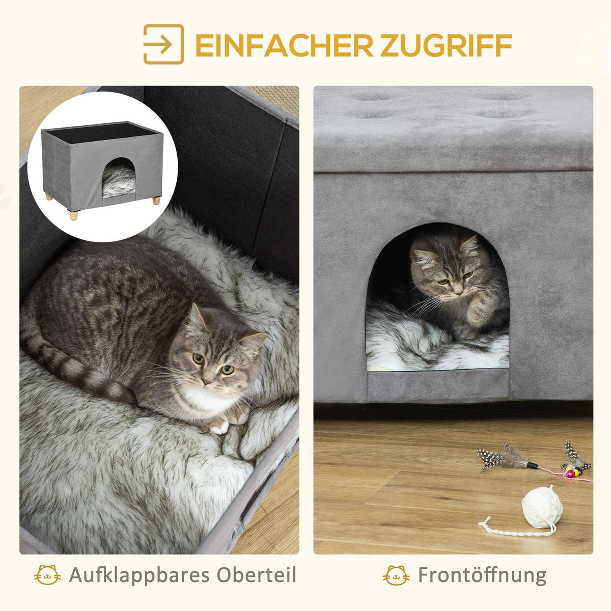 2-In-1 Cat Cave Footstool With Cushion Wooden Legs Cat House Cat Basket Soft Padded Ottoman Elegant Design Removable Mdf Plush Grey