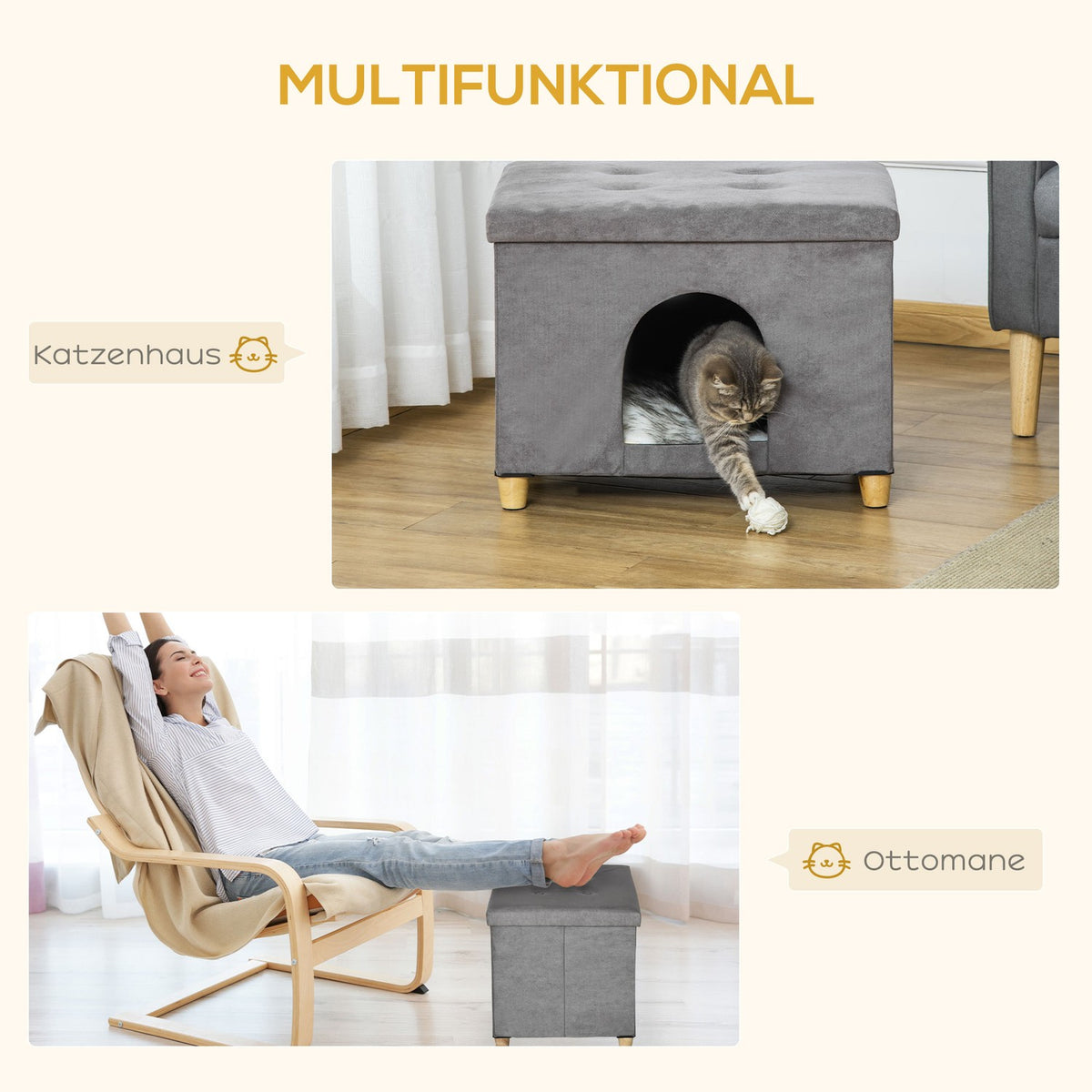 2-In-1 Cat Cave Footstool With Cushion Wooden Legs Cat House Cat Basket Soft Padded Ottoman Elegant Design Removable Mdf Plush Grey