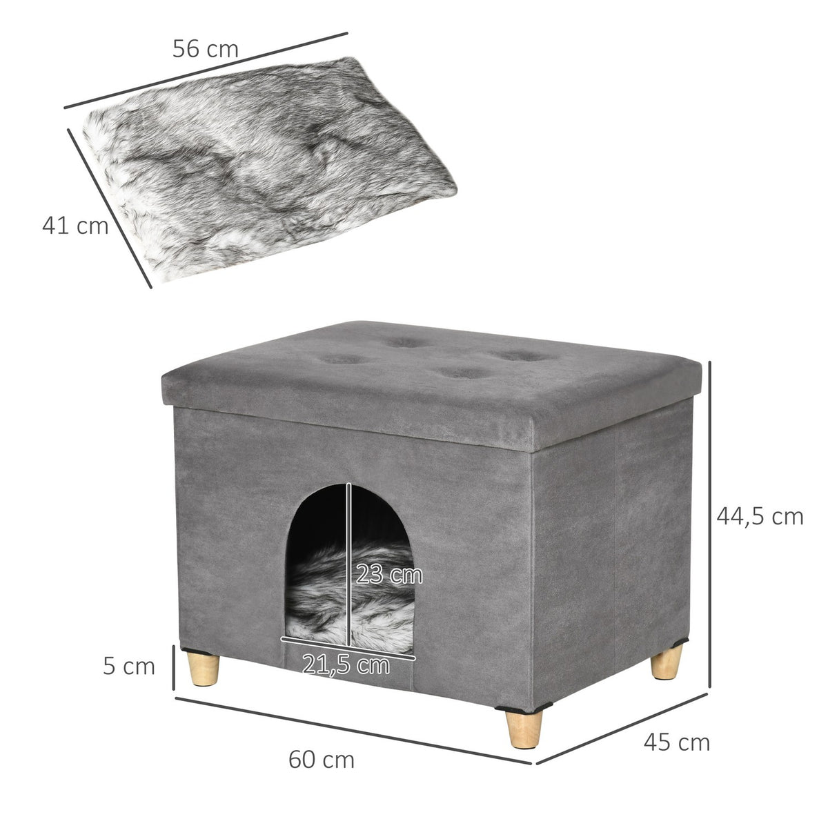 2-In-1 Cat Cave Footstool With Cushion Wooden Legs Cat House Cat Basket Soft Padded Ottoman Elegant Design Removable Mdf Plush Grey