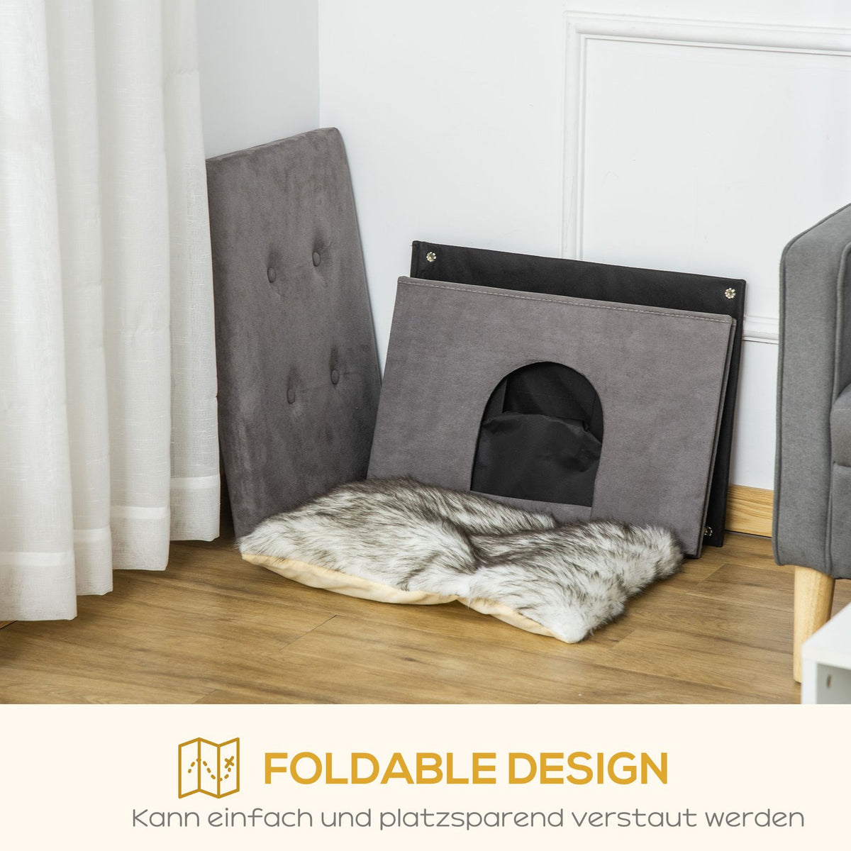 2-In-1 Cat Cave Footstool With Cushion Wooden Legs Cat House Cat Basket Soft Padded Ottoman Elegant Design Removable Mdf Plush Grey