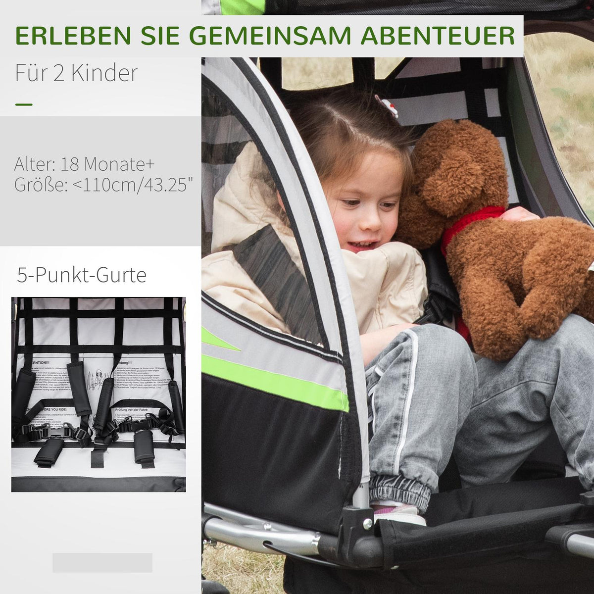 2 In 1 Child Trailer, Bicycle Trailer With 5-Point Safety Belt, 360° Rotatable With Flag For Max. Two Children Aged 1.5 Years And Over