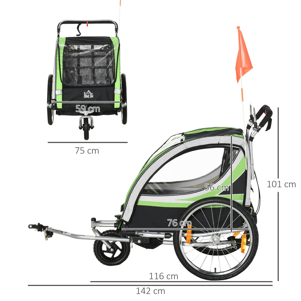 2 In 1 Child Trailer, Bicycle Trailer With 5-Point Safety Belt, 360° Rotatable With Flag For Max. Two Children Aged 1.5 Years And Over