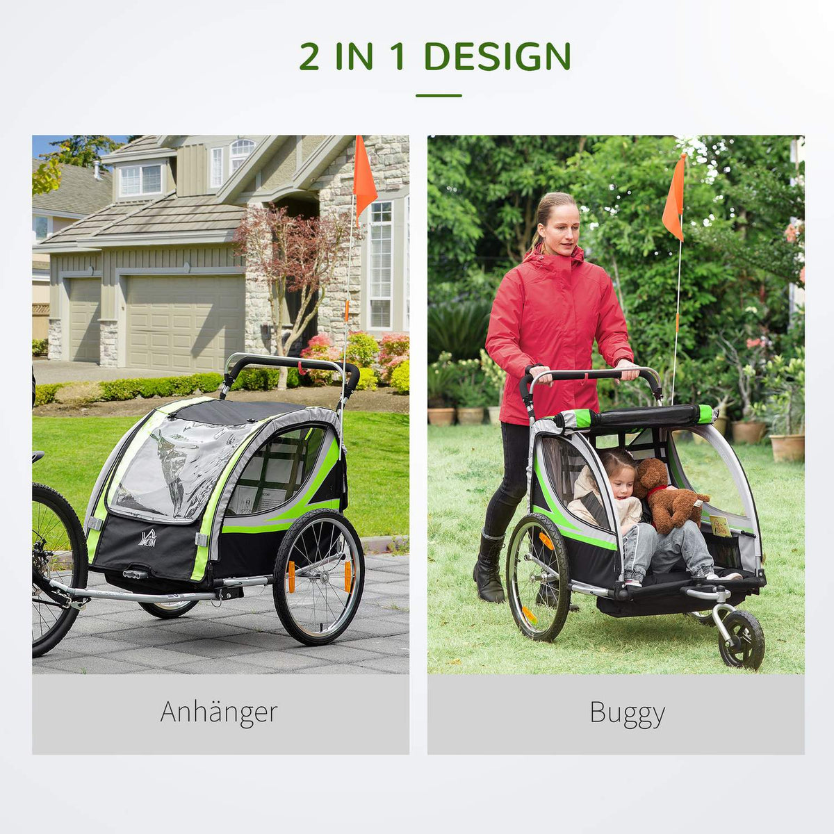 2 In 1 Child Trailer, Bicycle Trailer With 5-Point Safety Belt, 360° Rotatable With Flag For Max. Two Children Aged 1.5 Years And Over
