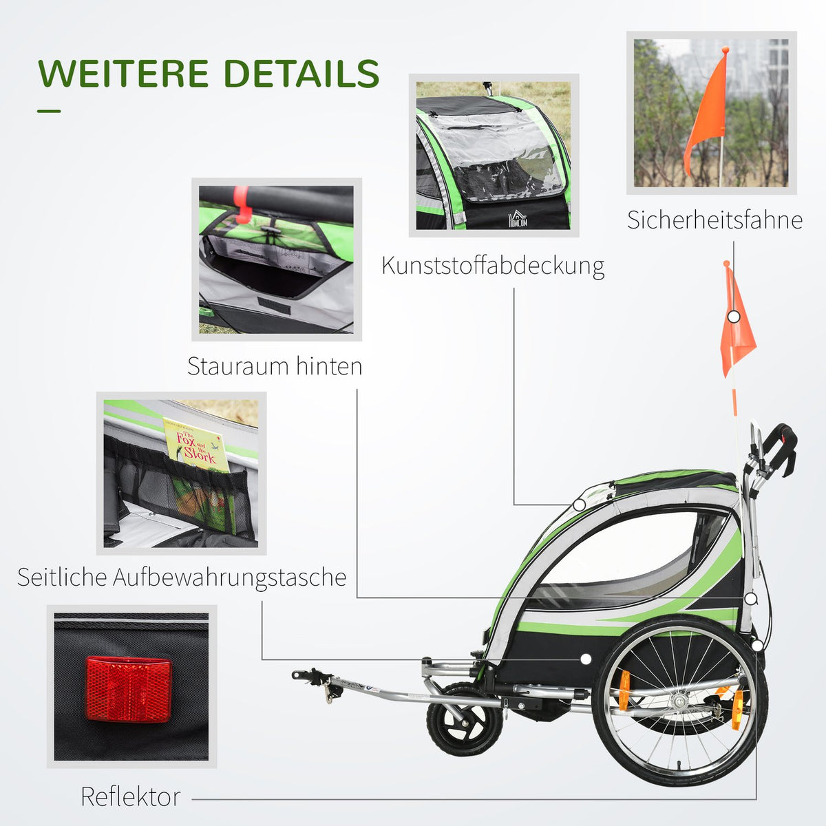 2 In 1 Child Trailer, Bicycle Trailer With 5-Point Safety Belt, 360° Rotatable With Flag For Max. Two Children Aged 1.5 Years And Over