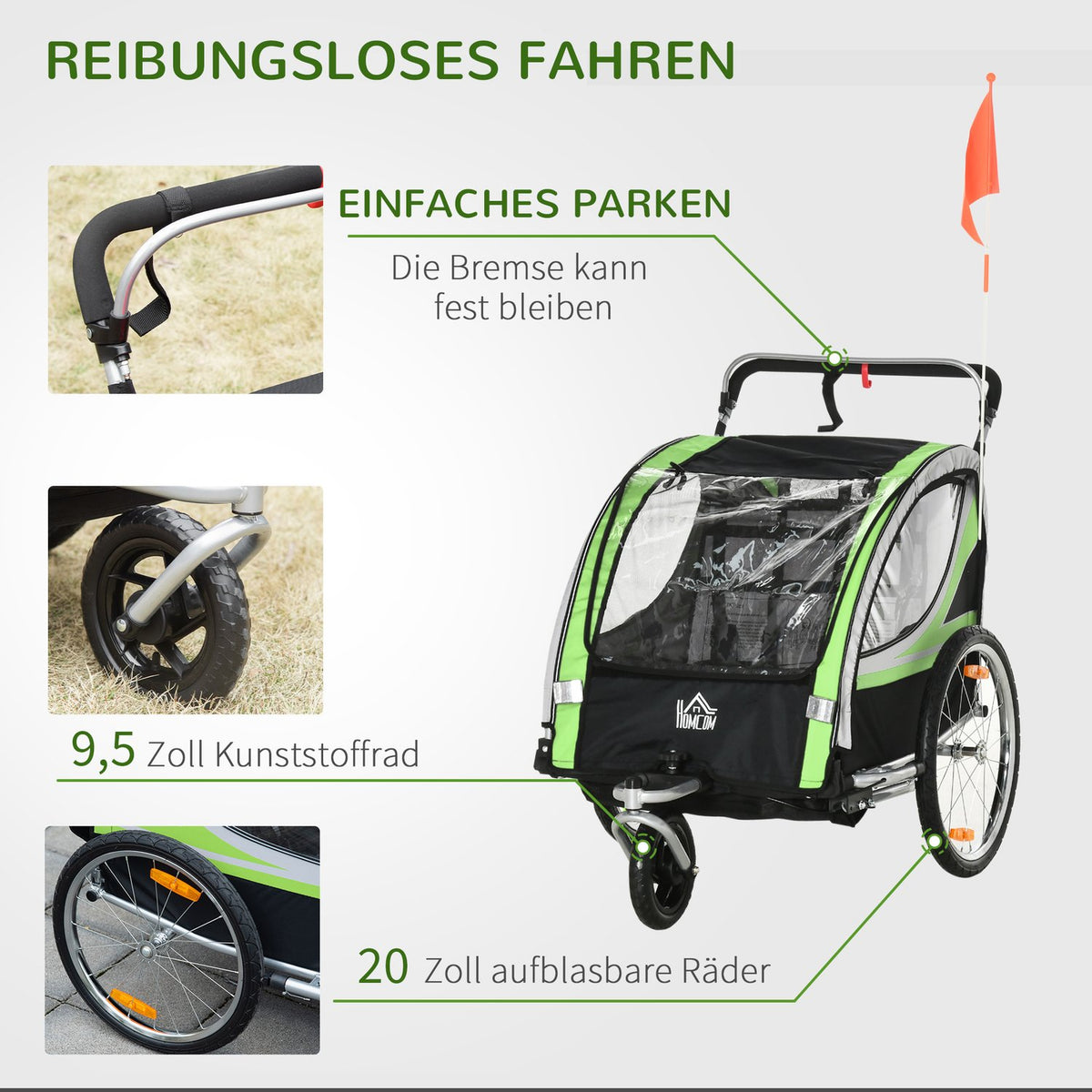 2 In 1 Child Trailer, Bicycle Trailer With 5-Point Safety Belt, 360° Rotatable With Flag For Max. Two Children Aged 1.5 Years And Over
