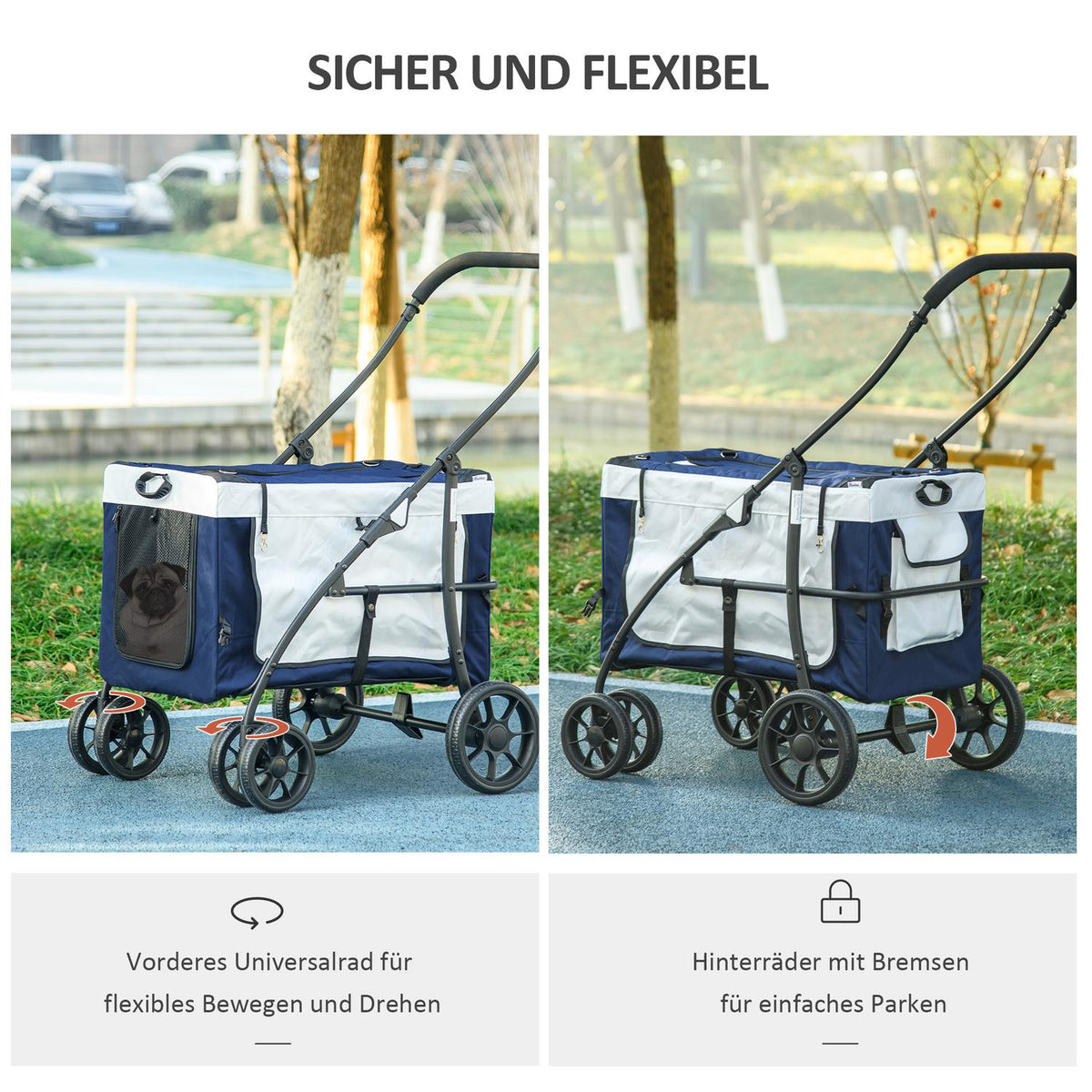 2 In 1 Dog Buggy Pet Cart Dog Trolley With Removable Basket, 2 Safety Leashes Foldable For Small And Miniature Dogs, Oxford, Blue