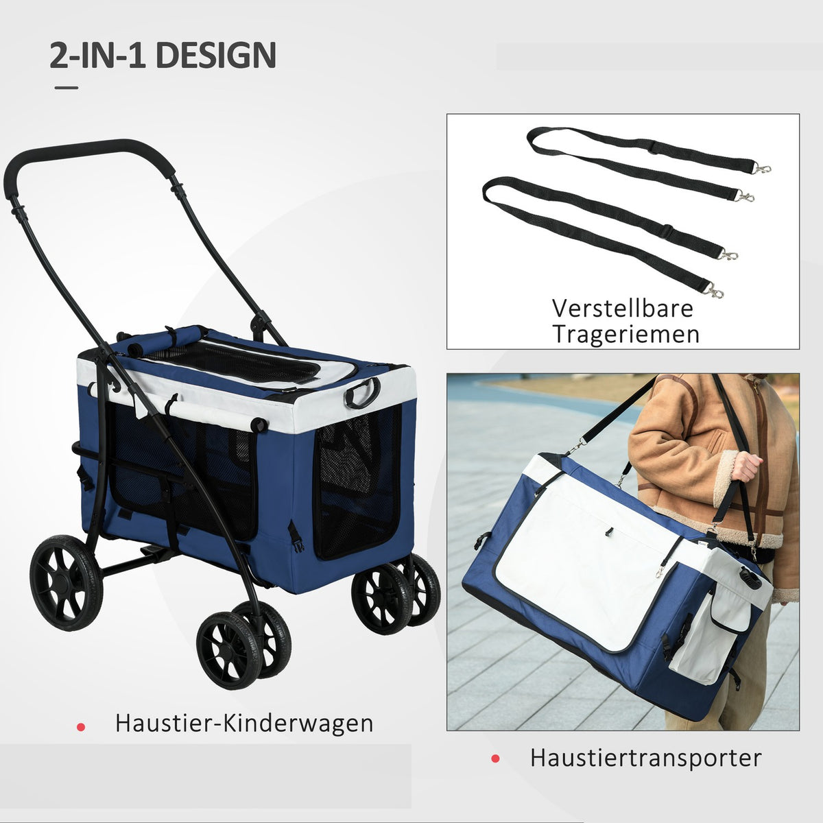 2 In 1 Dog Buggy Pet Cart Dog Trolley With Removable Basket, 2 Safety Leashes Foldable For Small And Miniature Dogs, Oxford, Blue