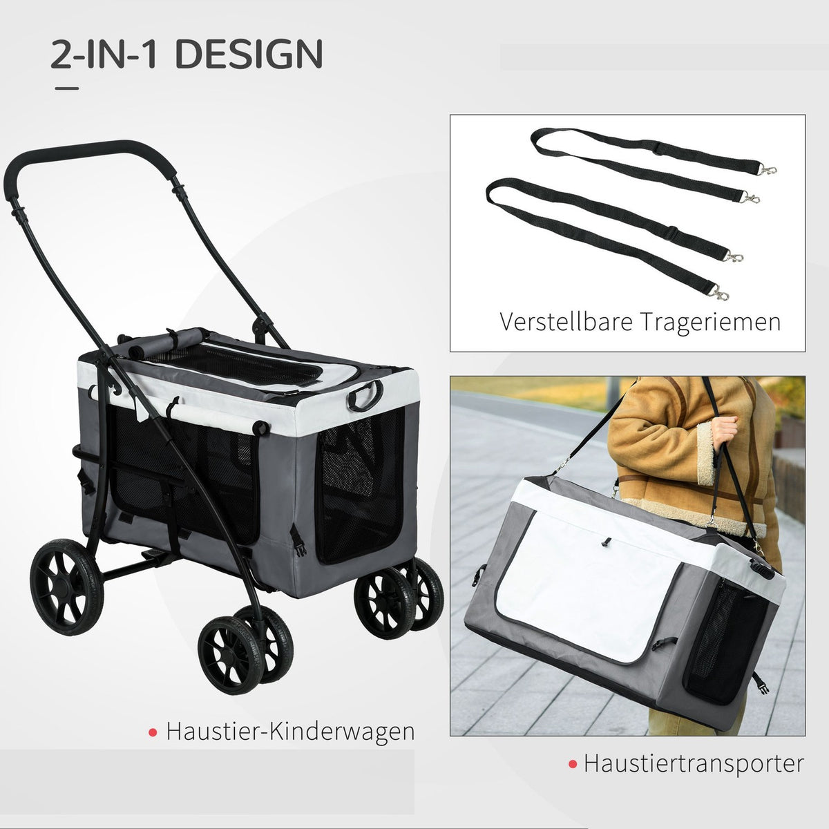 2 In 1 Dog Buggy Pet Cart Dog Trolley With Removable Basket, 2 Safety Leashes Folding Cat Cart For Small And Miniature Dogs