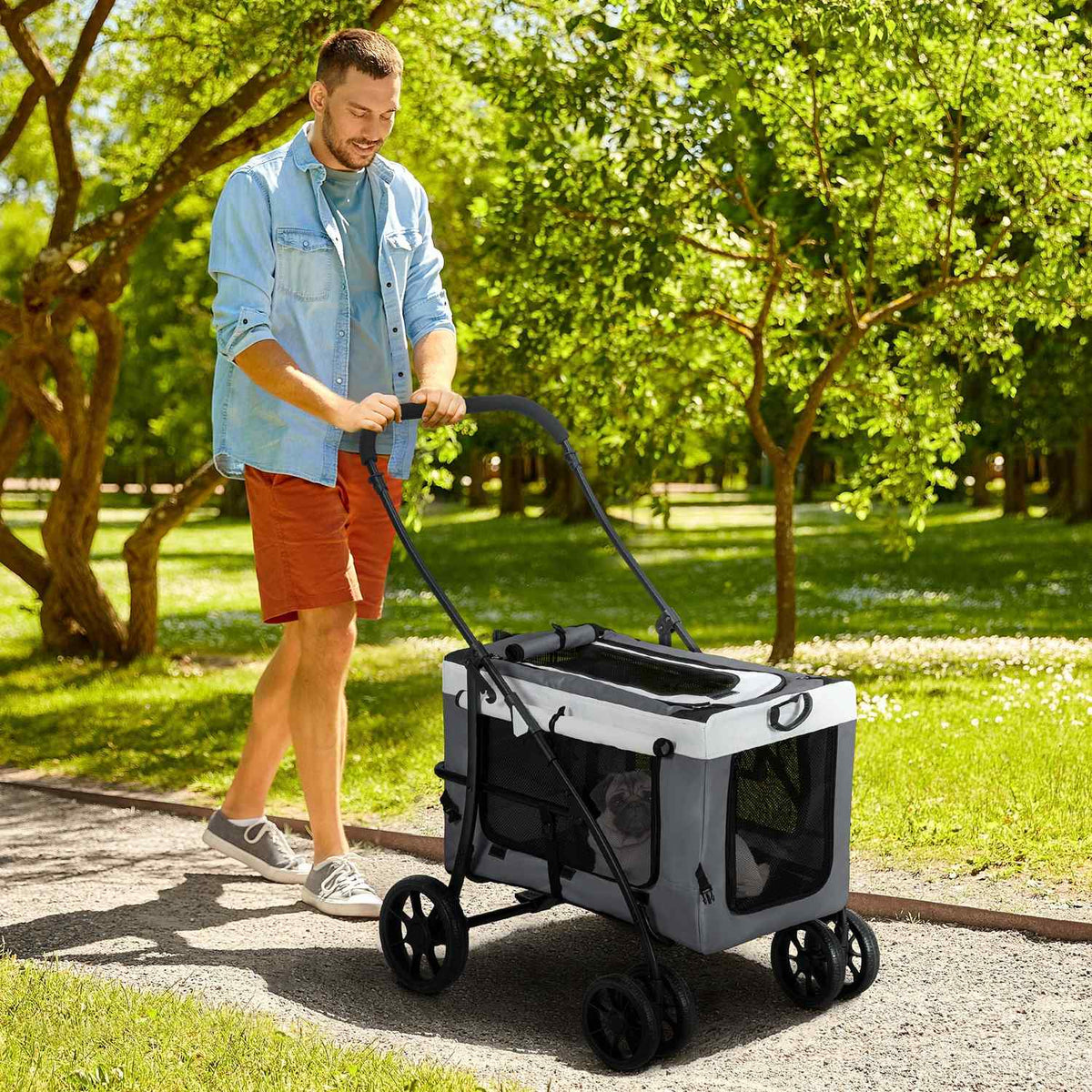 2 In 1 Dog Buggy Pet Cart Dog Trolley With Removable Basket, 2 Safety Leashes Folding Cat Cart For Small And Miniature Dogs