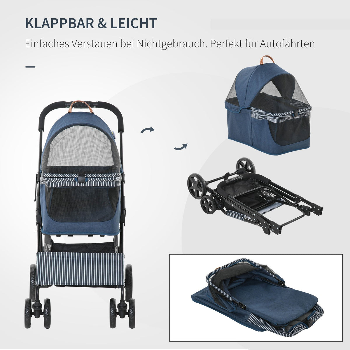 2-In-1 Dog Buggy Transport Bag Cat Buggy With Universal Wheel Removable Cover Oxford Dark Blue + Black 77.5 X 51 X 99.5 Cm