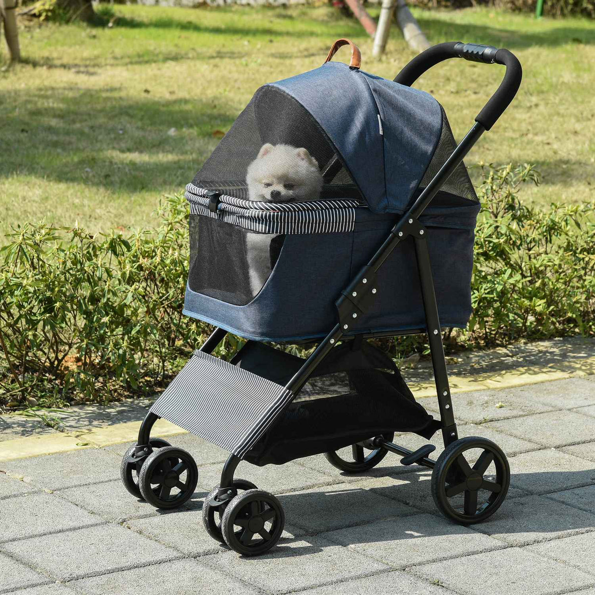 2-In-1 Dog Buggy Transport Bag Cat Buggy With Universal Wheel Removable Cover Oxford Dark Blue + Black 77.5 X 51 X 99.5 Cm