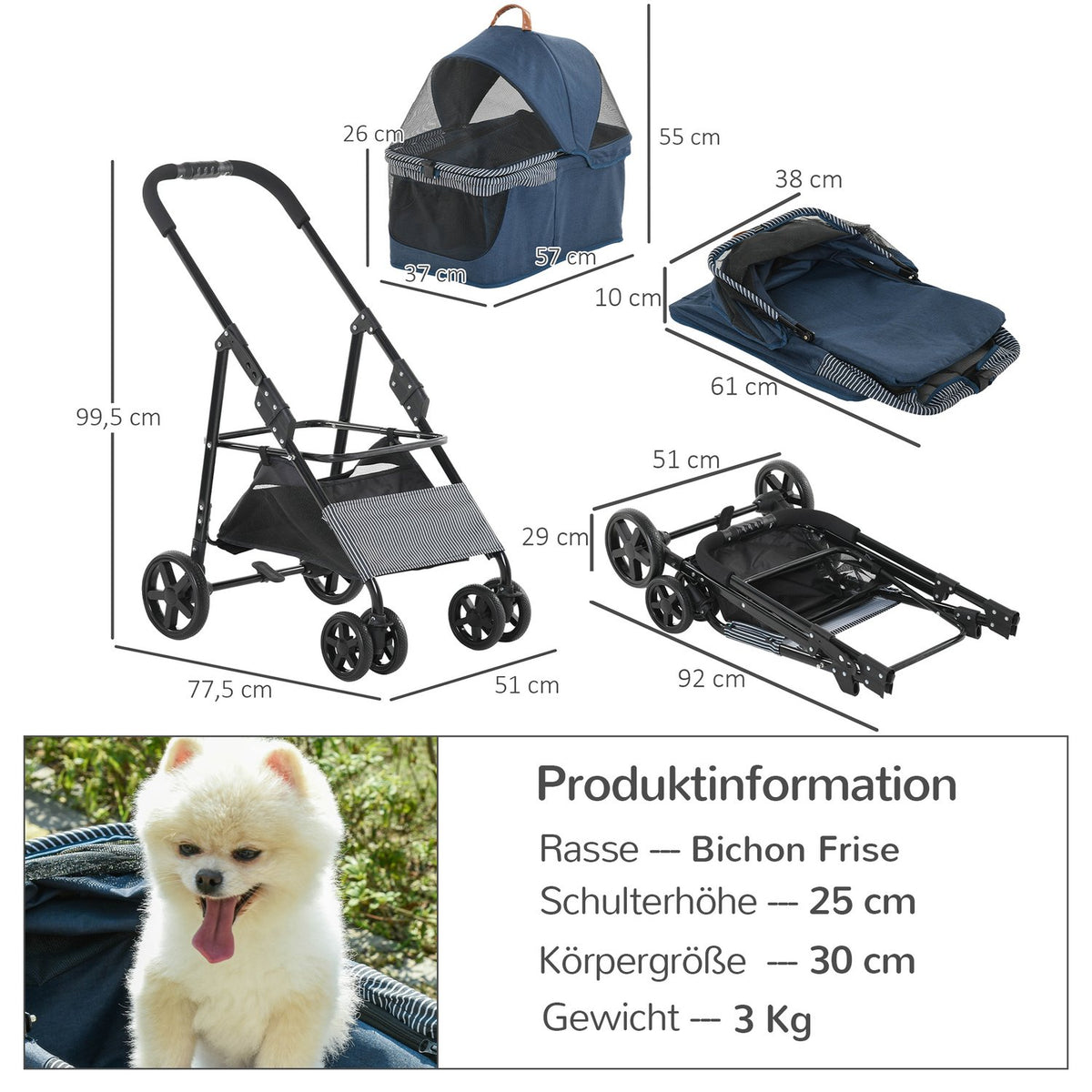 2-In-1 Dog Buggy Transport Bag Cat Buggy With Universal Wheel Removable Cover Oxford Dark Blue + Black 77.5 X 51 X 99.5 Cm