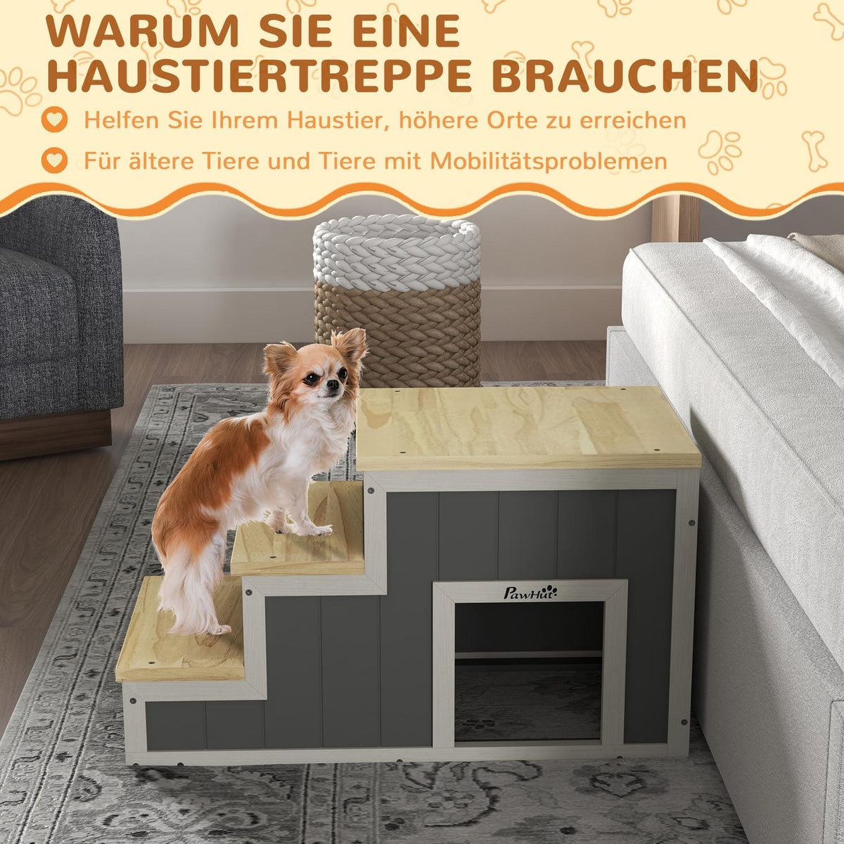 2-In-1 Dog Stairs, Cat Stairs With Cave, 3 Steps, Wooden Pet Ramp, Up To 30Kg, Pet Ladder