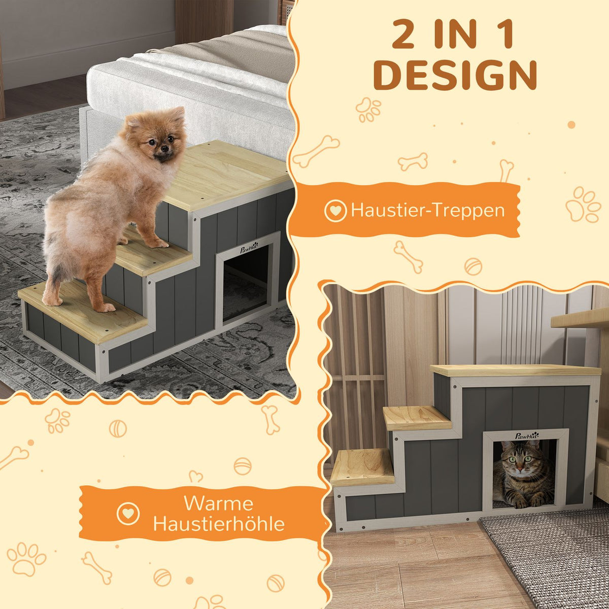 2-In-1 Dog Stairs, Cat Stairs With Cave, 3 Steps, Wooden Pet Ramp, Up To 30Kg, Pet Ladder