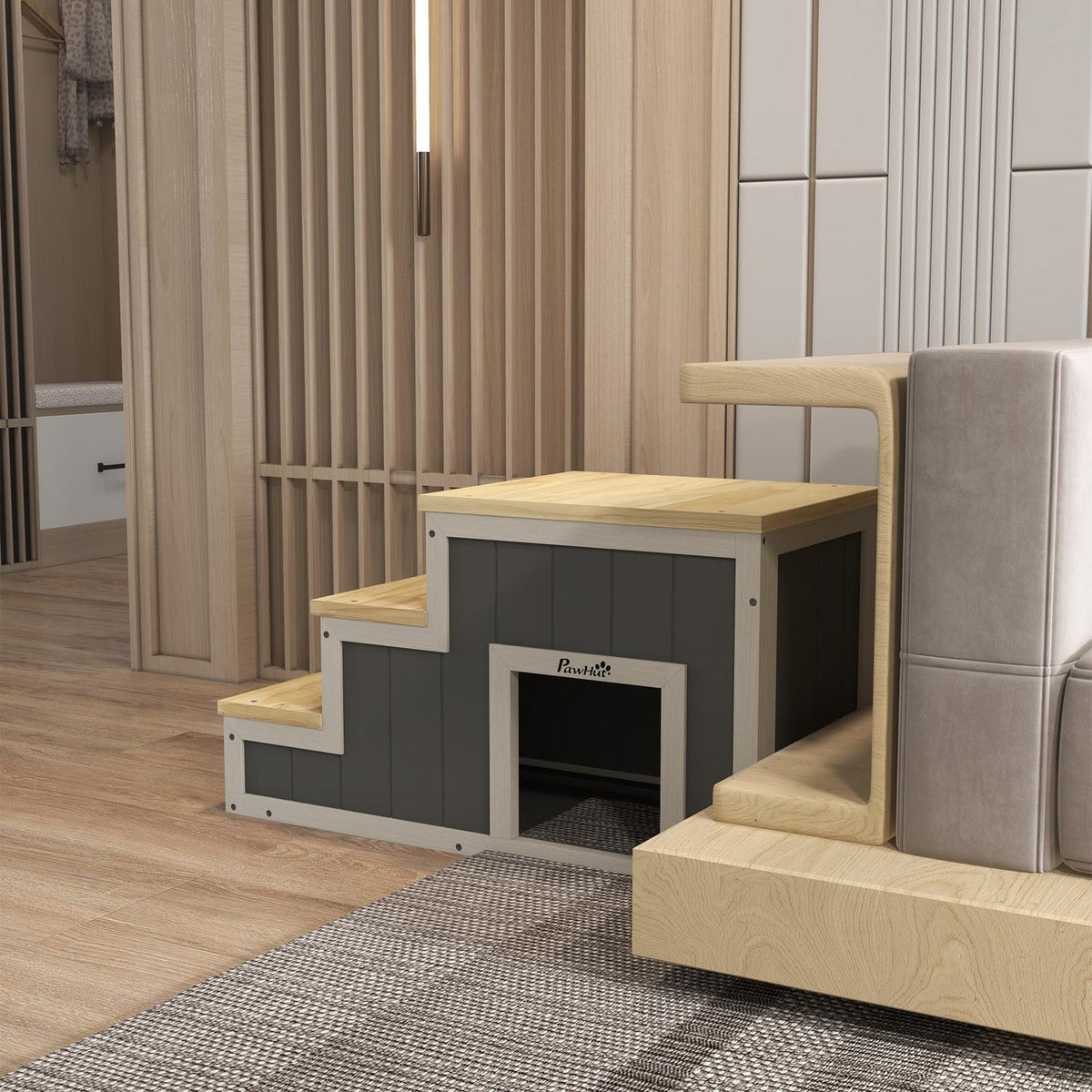 2-In-1 Dog Stairs, Cat Stairs With Cave, 3 Steps, Wooden Pet Ramp, Up To 30Kg, Pet Ladder