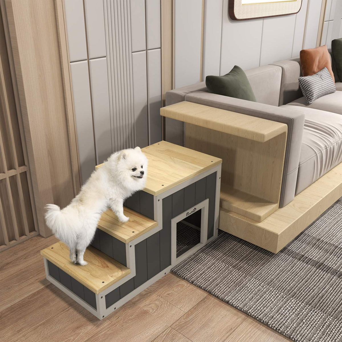 2-In-1 Dog Stairs, Cat Stairs With Cave, 3 Steps, Wooden Pet Ramp, Up To 30Kg, Pet Ladder