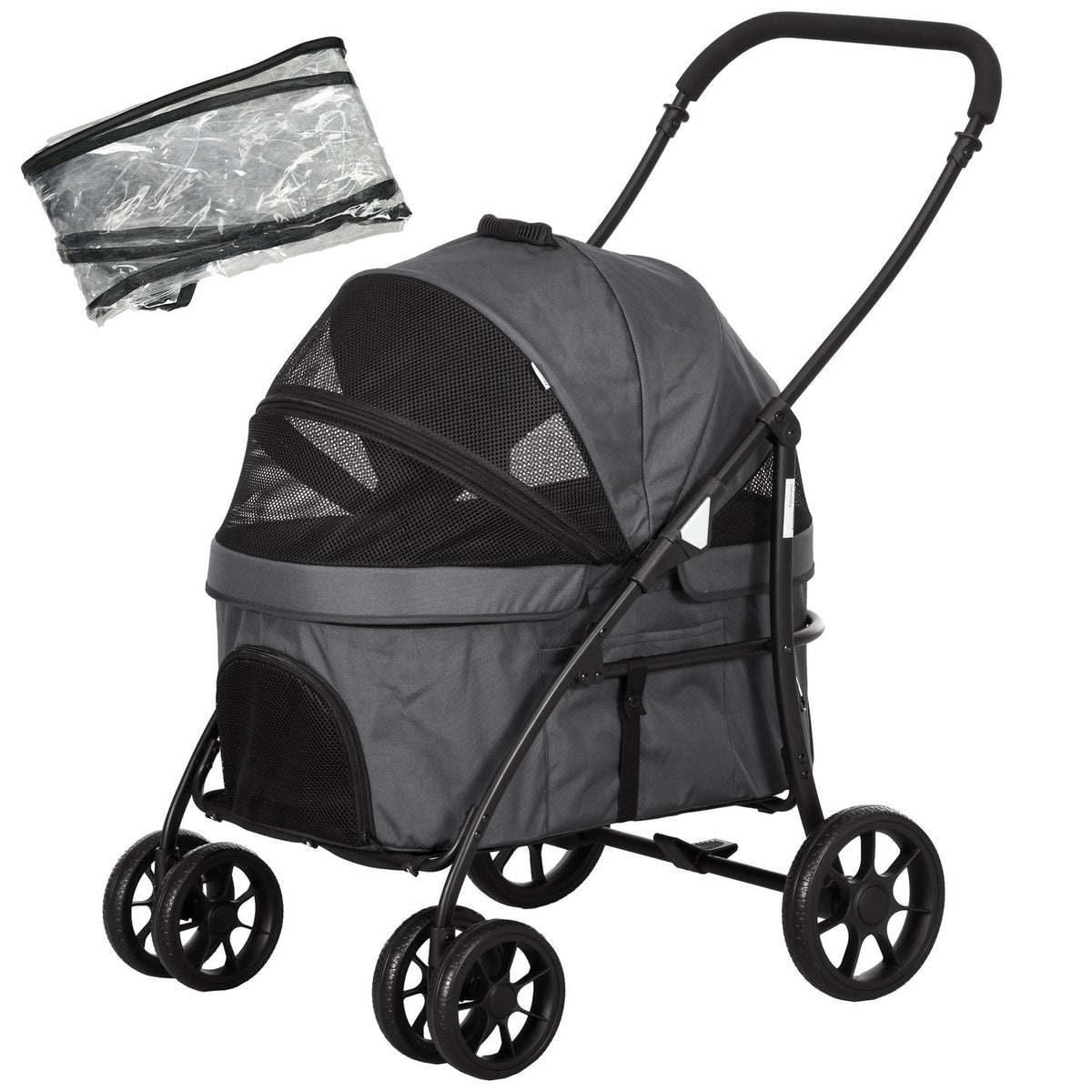 2 In 1 Dog Stroller Pet Stroller With Rain Cover, Folding Cat Stroller With 2 Safety Leashes, Oxford, Dark Gray