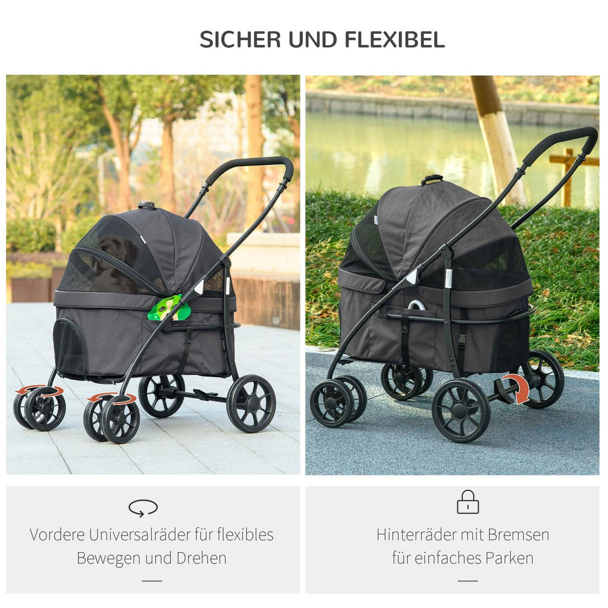 2 In 1 Dog Stroller Pet Stroller With Rain Cover, Folding Cat Stroller With 2 Safety Leashes, Oxford, Dark Gray