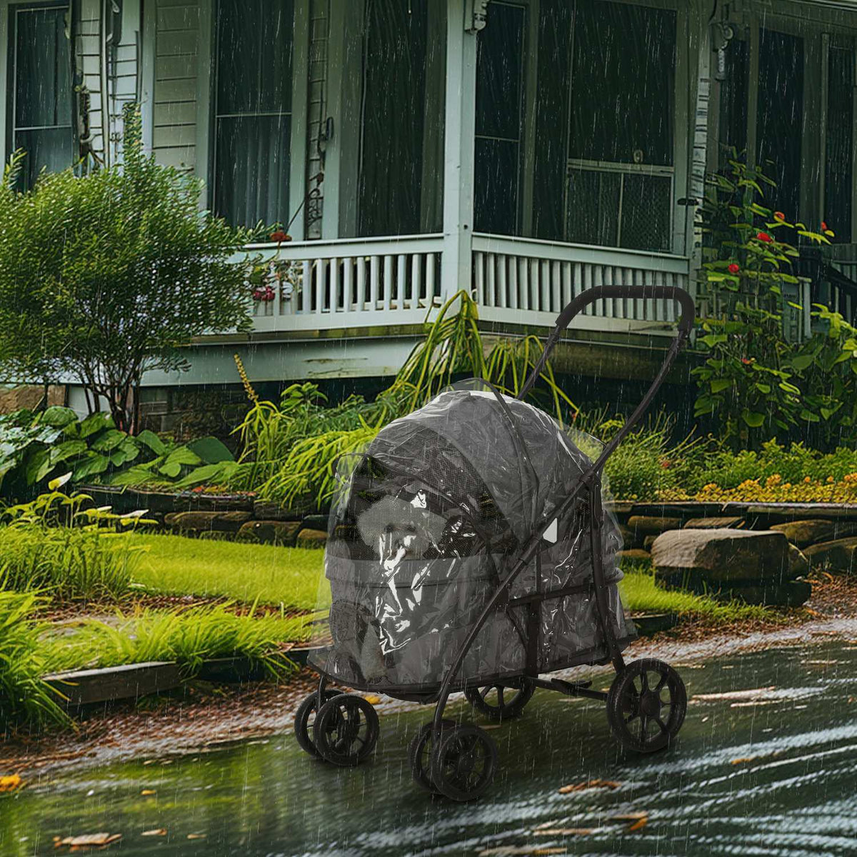 2 In 1 Dog Stroller Pet Stroller With Rain Cover, Folding Cat Stroller With 2 Safety Leashes, Oxford, Dark Gray