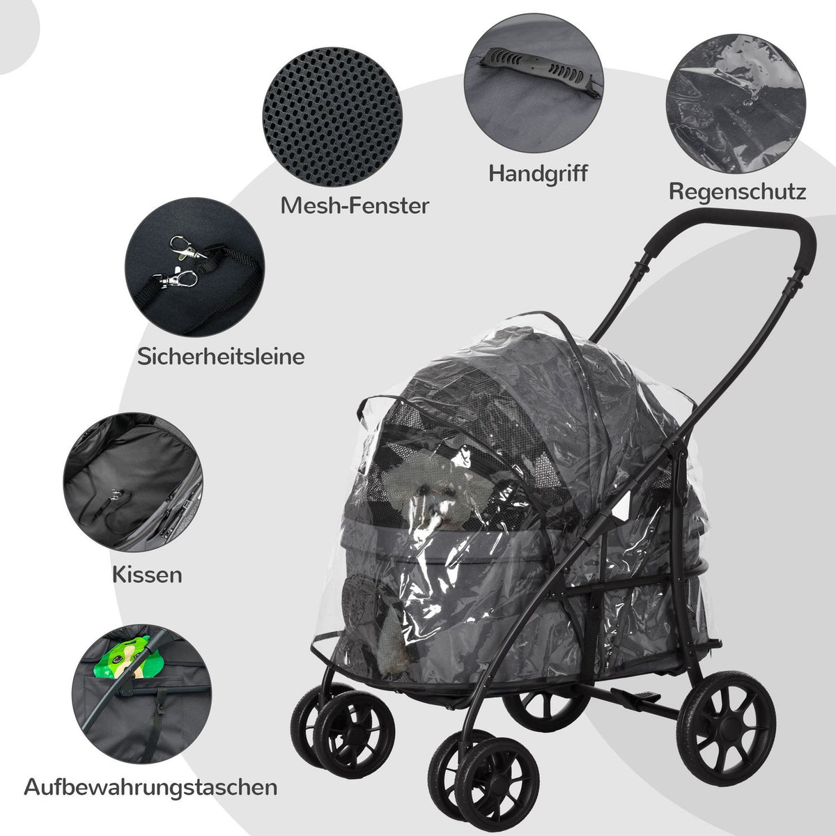 2 In 1 Dog Stroller Pet Stroller With Rain Cover, Folding Cat Stroller With 2 Safety Leashes, Oxford, Dark Gray