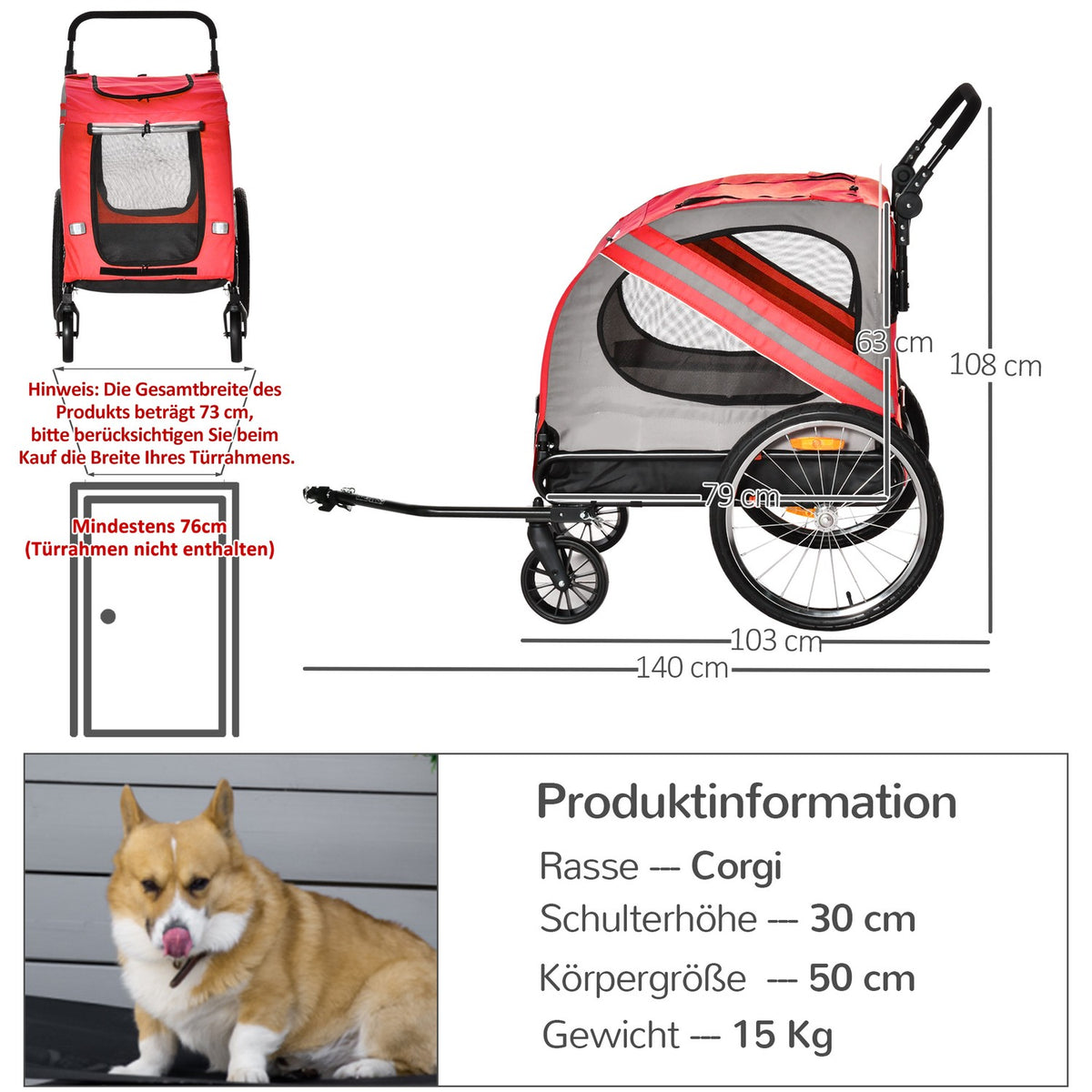 2-In-1 Dog Trailer & Dog Buggy, Dog Bike Trailer, Bicycle Trailer, With Reflectors For Medium-Sized Dogs Up To 20 Kg, Oxford Fabric