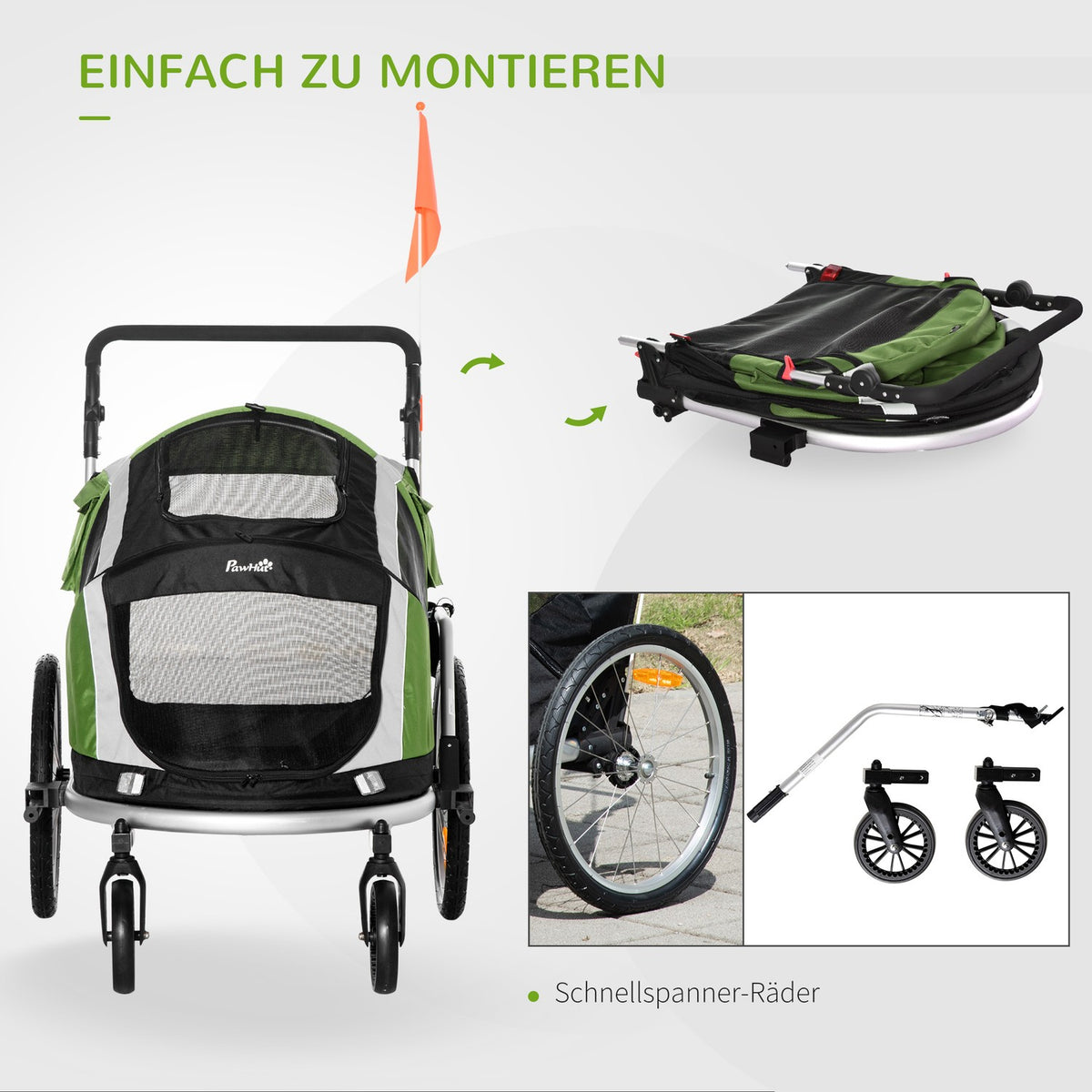 2-In-1 Dog Trailer Folding Pet Bicycle Trailer & Dog Carrier, Oxford Cloth, Green+Silver, 150X82X108Cm