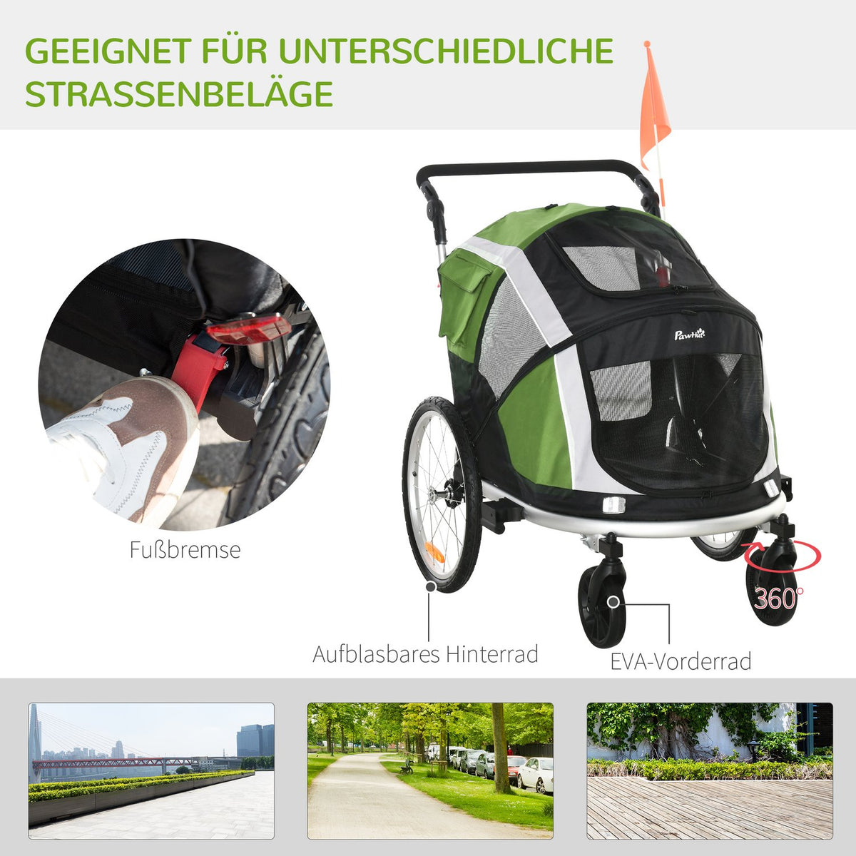 2-In-1 Dog Trailer Folding Pet Bicycle Trailer & Dog Carrier, Oxford Cloth, Green+Silver, 150X82X108Cm