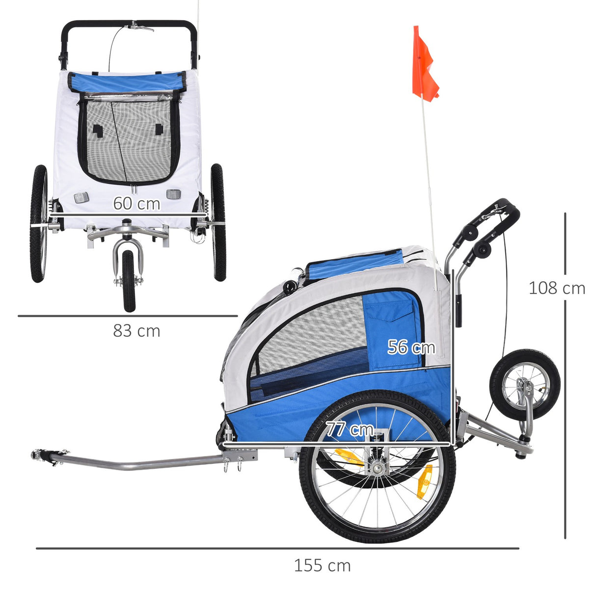 2 In 1 Dog Trailer Jogger Bicycle Trailer Dog Bicycle Trailer Blue + Gray 155 X 83 X 108 Cm