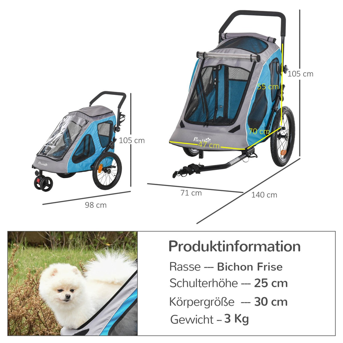 2-In-1 Dog Trailer Multifunctional Pet Bicycle Trailer Breathable Oxford Cloth Metal Blue