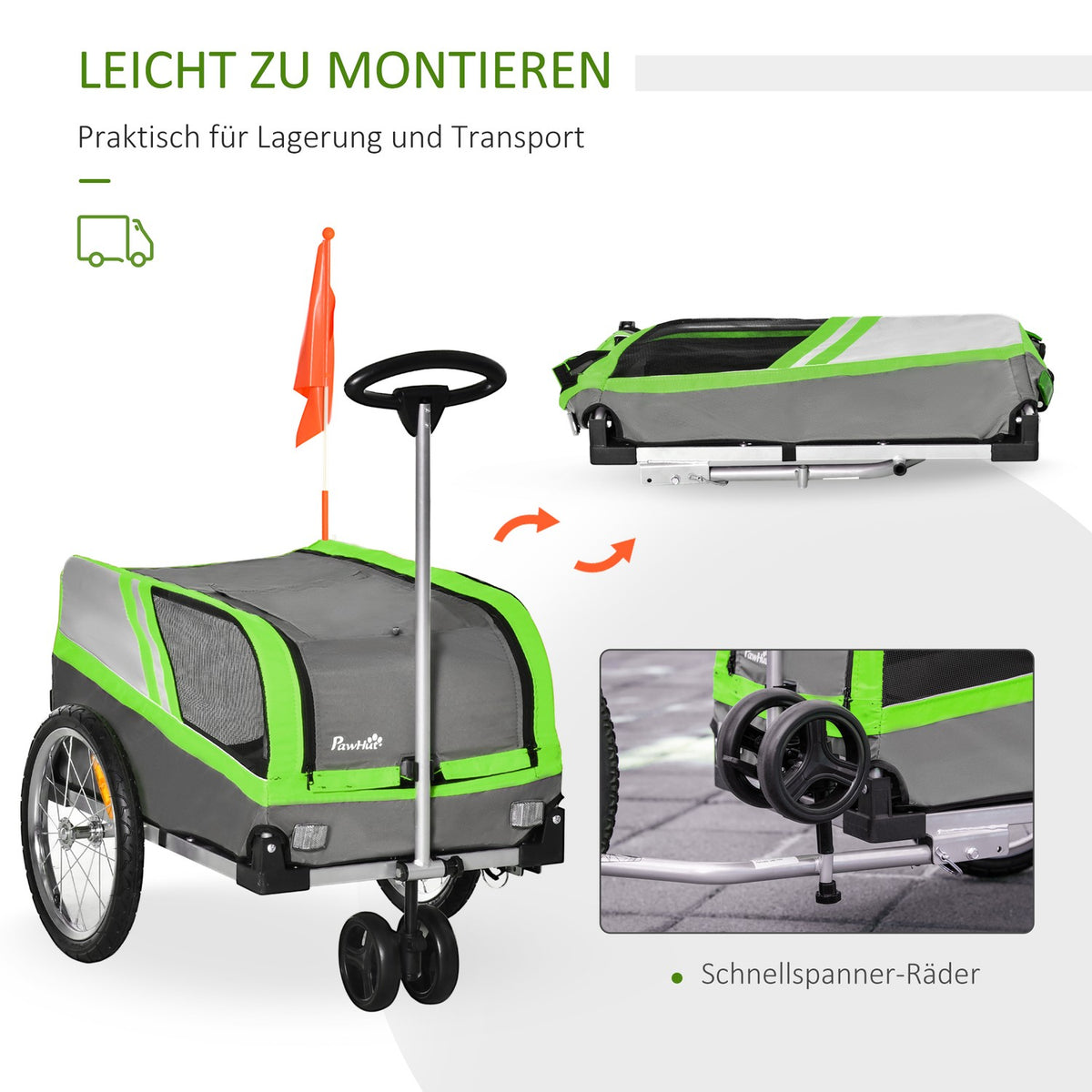 2-In-1 Dog Trailer Trolley & Cargo Trailer For Bicycle, Breathable, Metal & Oxford Fabric, Green+Gray