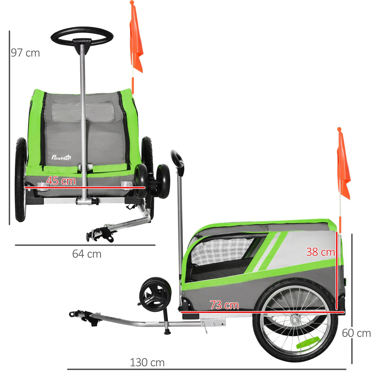 2-In-1 Dog Trailer Trolley & Cargo Trailer For Bicycle, Breathable, Metal & Oxford Fabric, Green+Gray