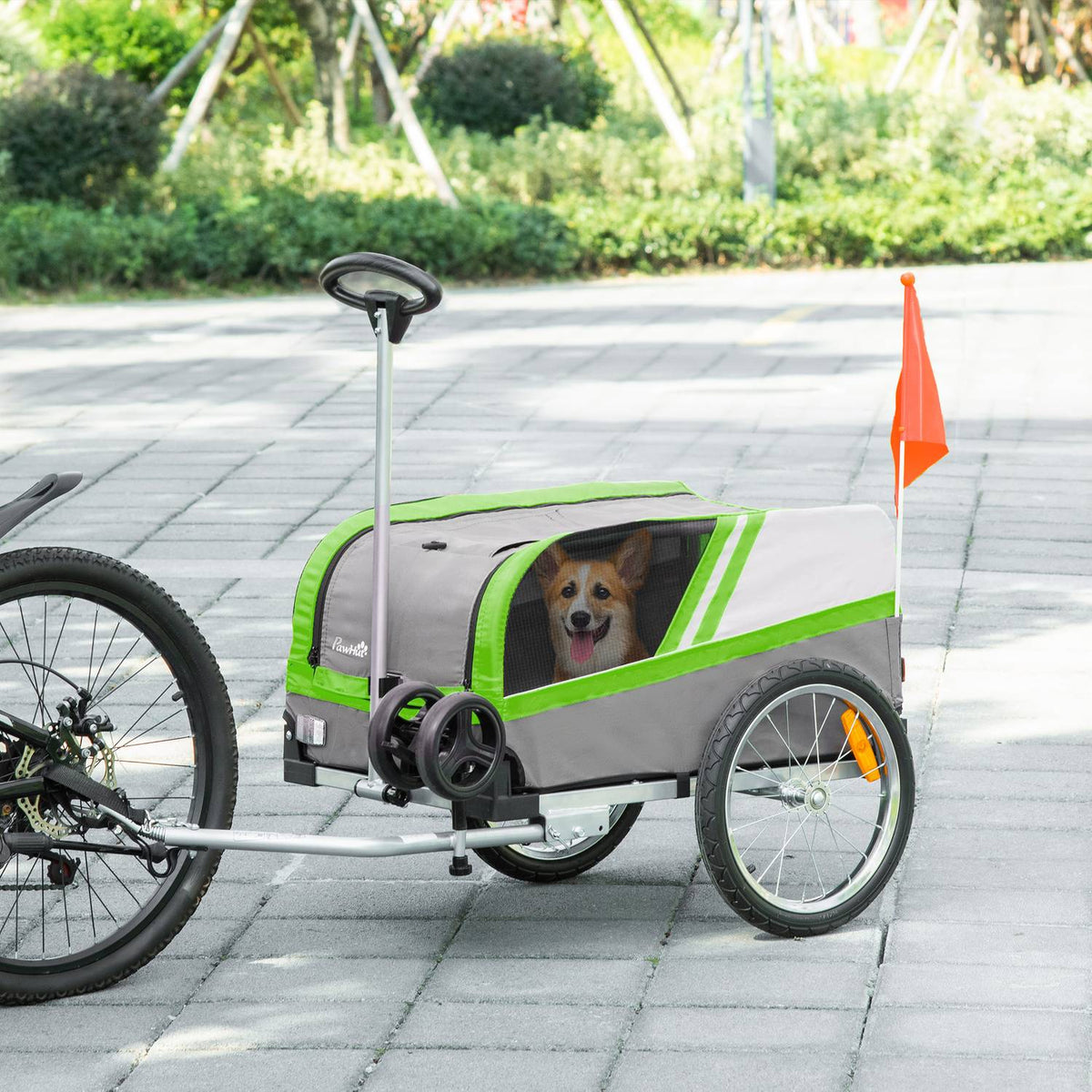 2-In-1 Dog Trailer Trolley & Cargo Trailer For Bicycle, Breathable, Metal & Oxford Fabric, Green+Gray