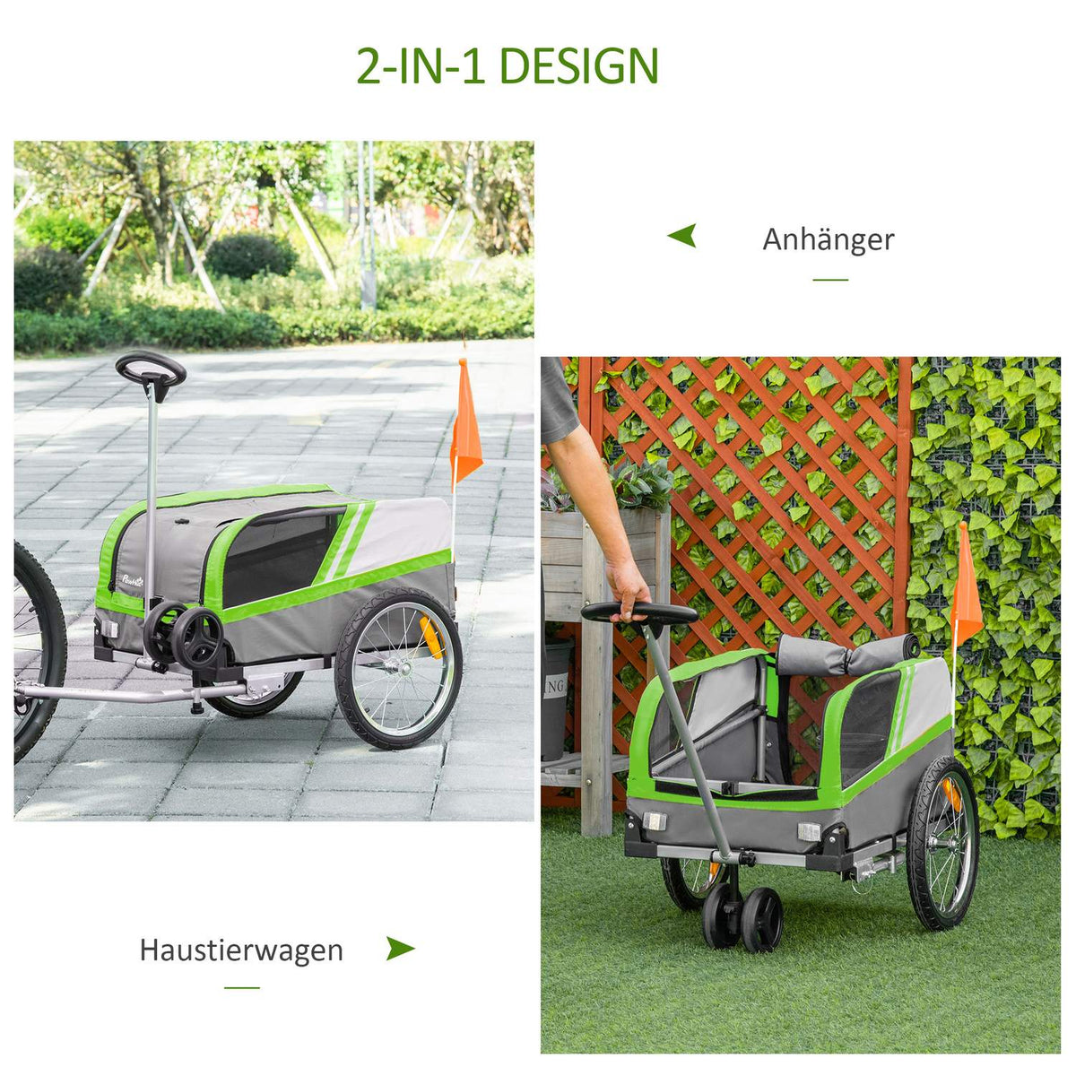 2-In-1 Dog Trailer Trolley & Cargo Trailer For Bicycle, Breathable, Metal & Oxford Fabric, Green+Gray