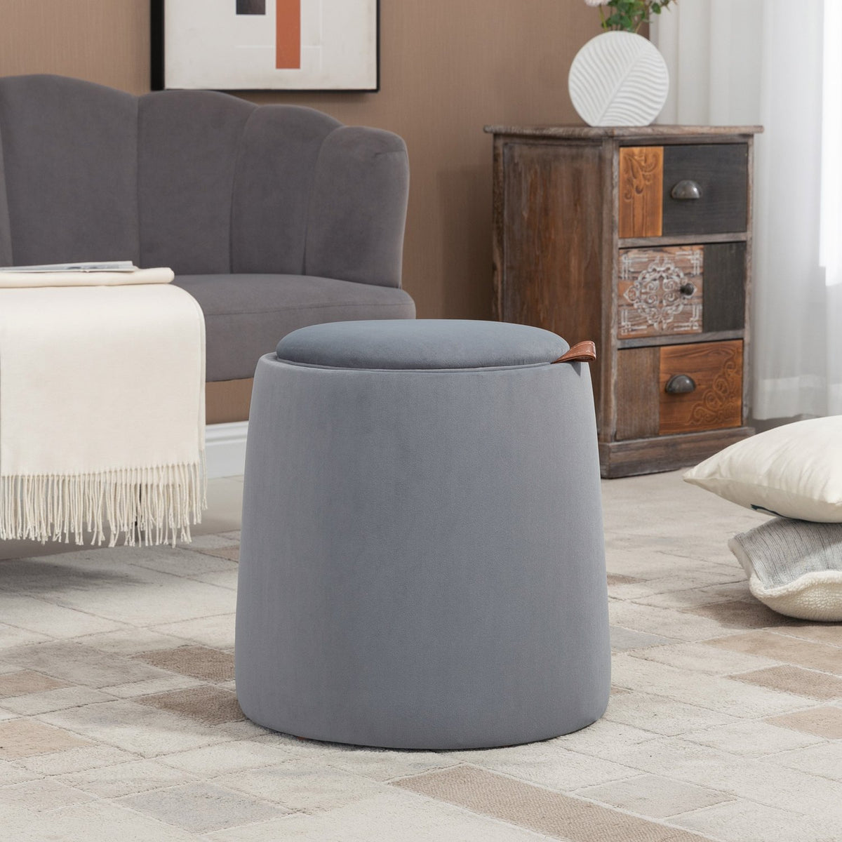 2-In-1 Ottoman Round Stool In Velvet Look With Storage Space, Gray, Removable Lid, Ø44Cm X 47.5Cm, As A Side Table