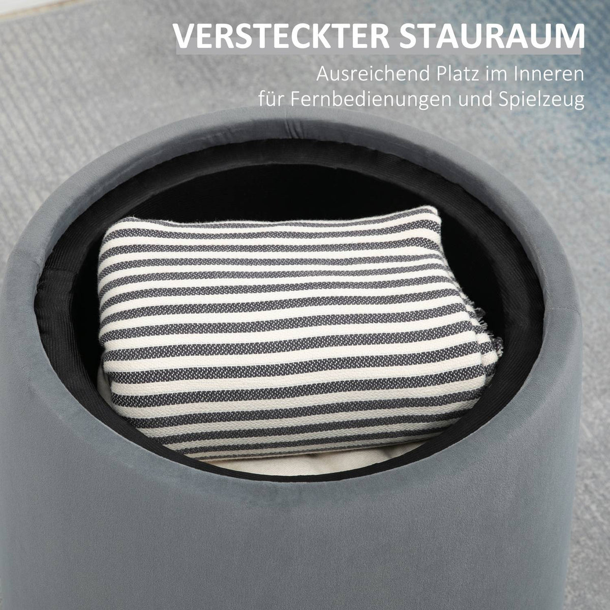 2-In-1 Ottoman Round Stool In Velvet Look With Storage Space, Gray, Removable Lid, Ø44Cm X 47.5Cm, As A Side Table