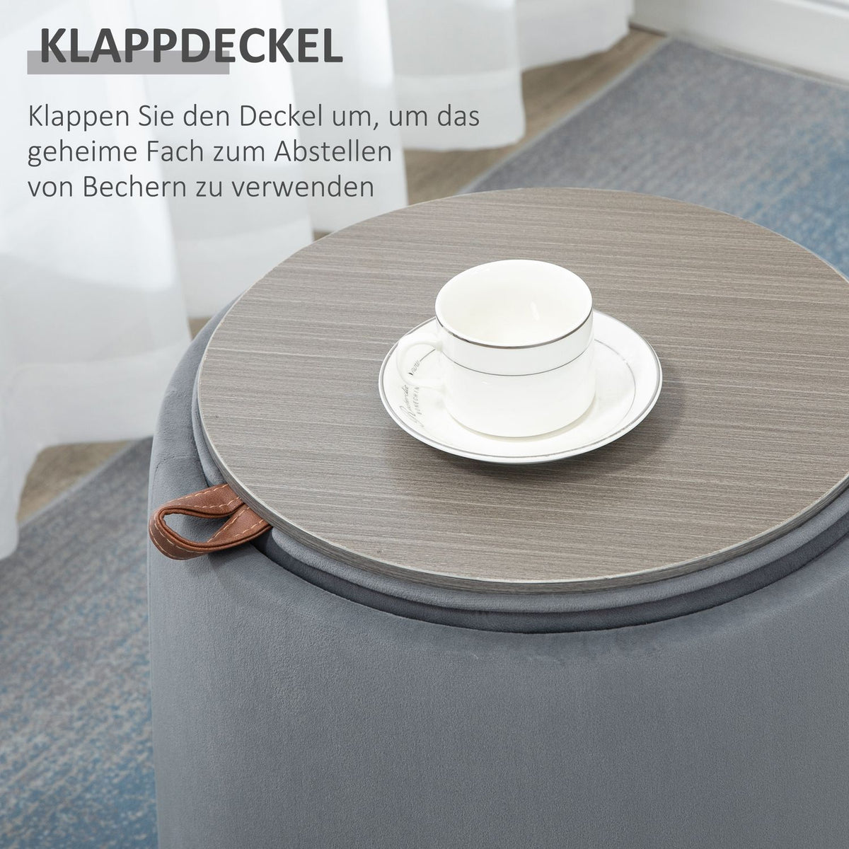 2-In-1 Ottoman Round Stool In Velvet Look With Storage Space, Gray, Removable Lid, Ø44Cm X 47.5Cm, As A Side Table