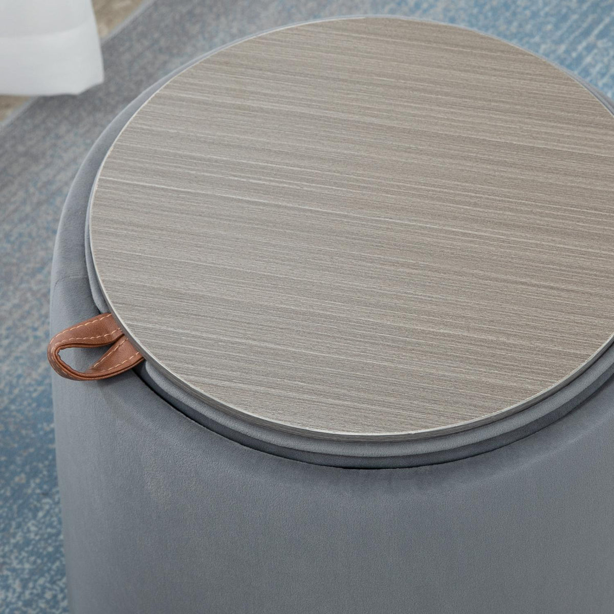 2-In-1 Ottoman Round Stool In Velvet Look With Storage Space, Gray, Removable Lid, Ø44Cm X 47.5Cm, As A Side Table