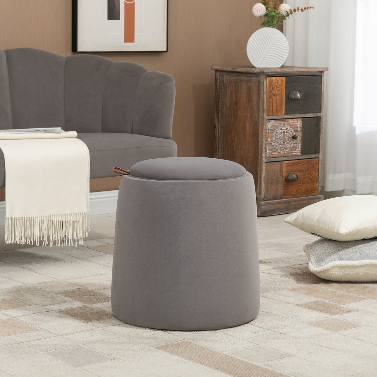2-In-1 Ottoman Stool Round Ottoman Footstool Including Storage Space, Removable Lid In Velvet Look Side Table Dark Gray