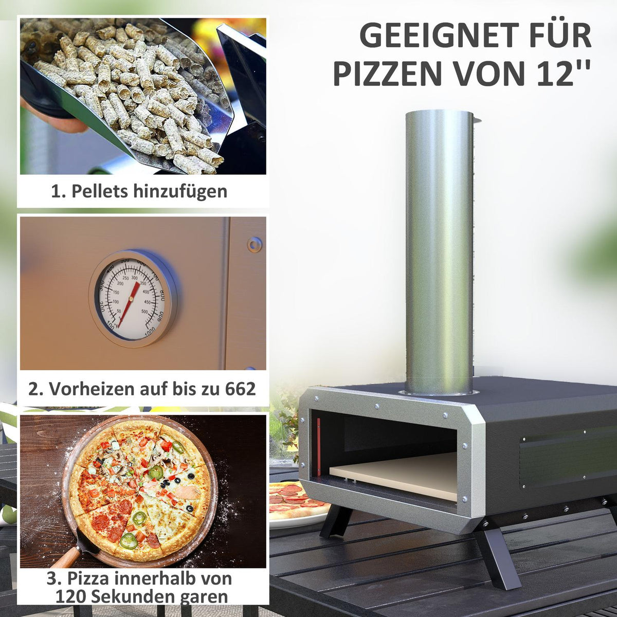 2-In-1 Outdoor Pizza Oven With Pizza Stone, Pizza Shovel, Pizza Peel, Steel, Black, Grill Oven For Bbq