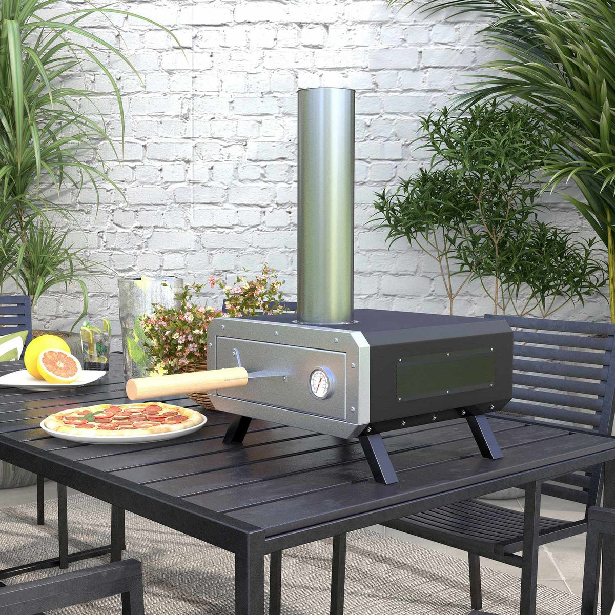 2-In-1 Outdoor Pizza Oven With Pizza Stone, Pizza Shovel, Pizza Peel, Steel, Black, Grill Oven For Bbq