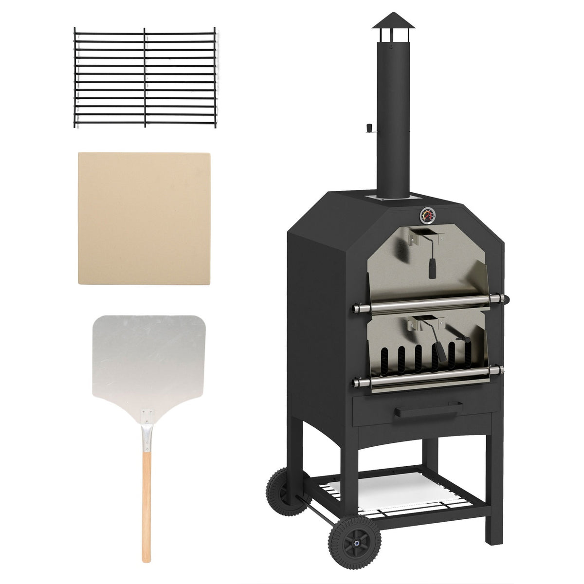 2-In-1 Pizza Oven, Outdoor Grill Oven With Pizza Stone, Ash Compartment, 2 Grill Racks, Wood-Burning Oven With Wheels, Thermometer, For Garden, Black