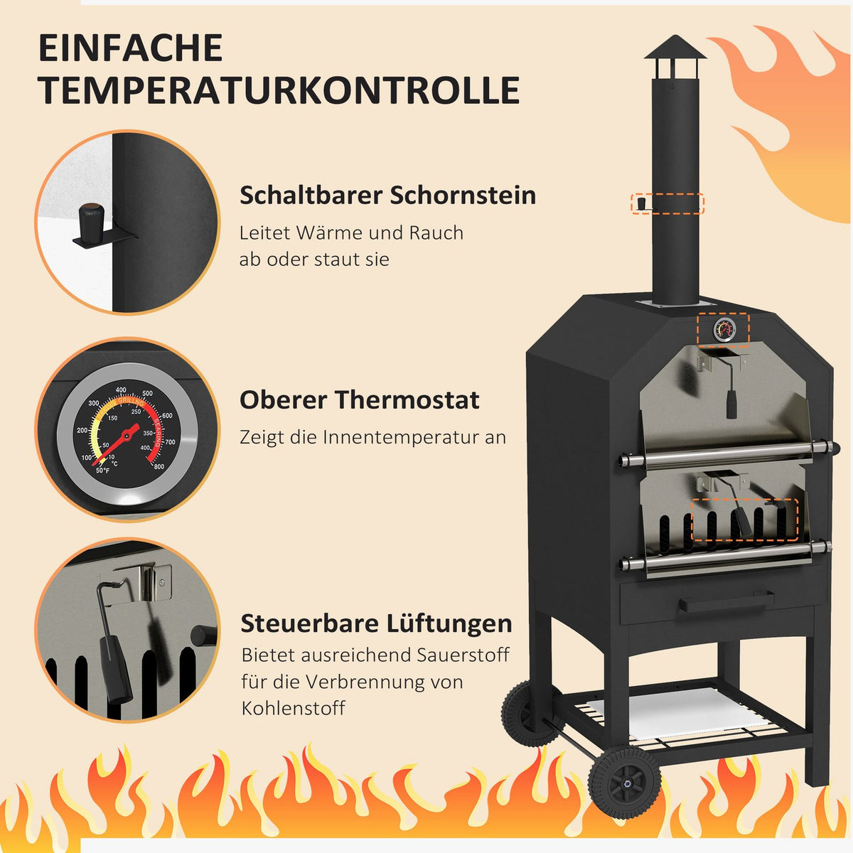 2-In-1 Pizza Oven, Outdoor Grill Oven With Pizza Stone, Ash Compartment, 2 Grill Racks, Wood-Burning Oven With Wheels, Thermometer, For Garden, Black
