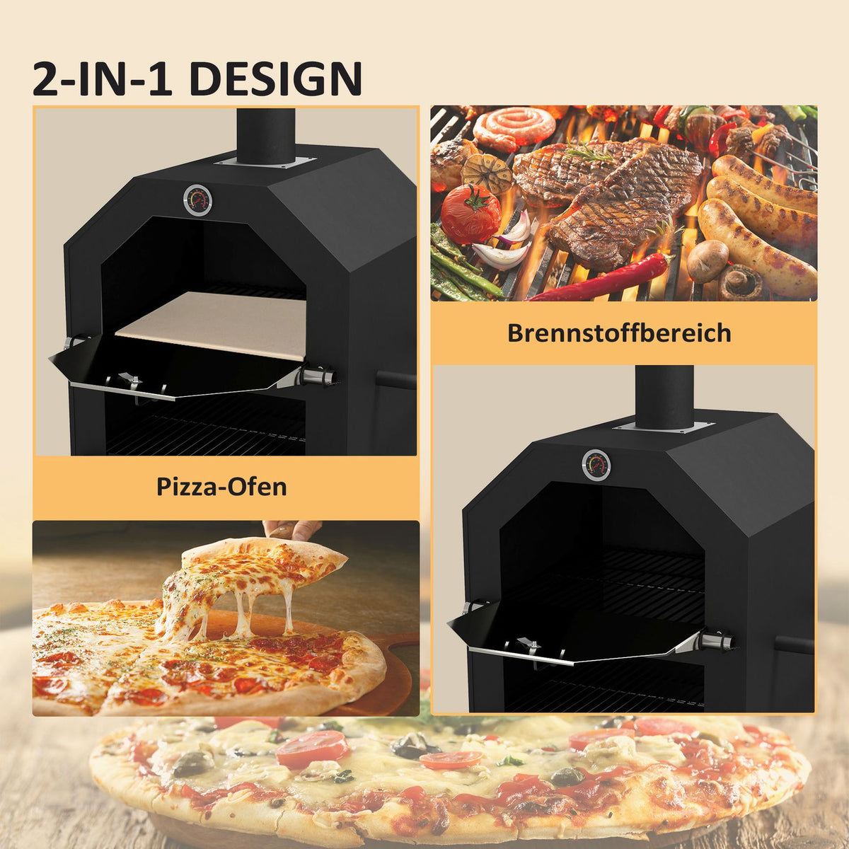2-In-1 Pizza Oven, Outdoor Grill Oven With Pizza Stone, Ash Compartment, 2 Grill Racks, Wood-Burning Oven With Wheels, Thermometer, For Garden, Black