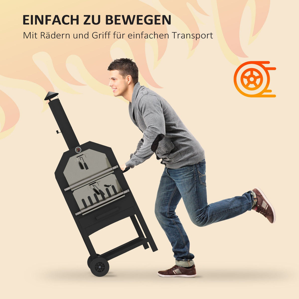 2-In-1 Pizza Oven, Outdoor Grill Oven With Pizza Stone, Ash Compartment, 2 Grill Racks, Wood-Burning Oven With Wheels, Thermometer, For Garden, Black