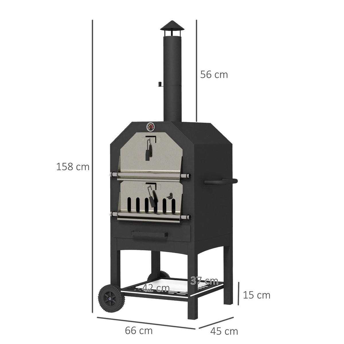 2-In-1 Pizza Oven, Outdoor Grill Oven With Pizza Stone, Ash Compartment, 2 Grill Racks, Wood-Burning Oven With Wheels, Thermometer, For Garden, Black