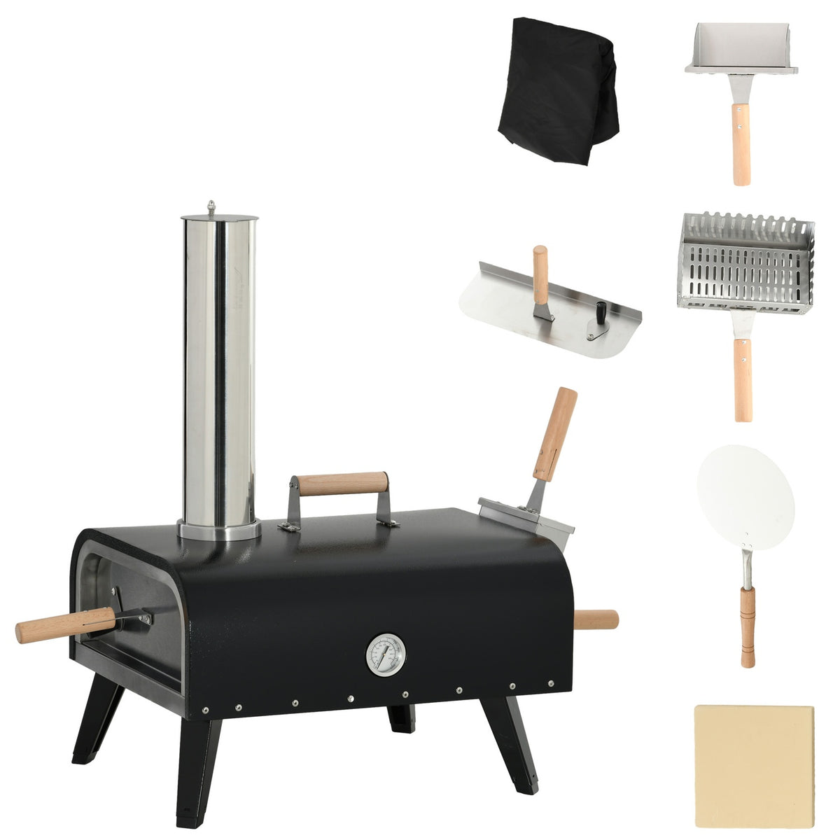 2-In-1 Pizza Oven, Wood-Fired Oven With Pizza Stone, Pizza Shovel, Pizza Peel, Foldable, Steel, Black, Outdoor Bbq